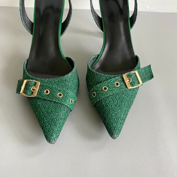 Green Sparkly Pointy Toe Sling Back Heeled Shoes Sz 10 - Picture 8 of 12